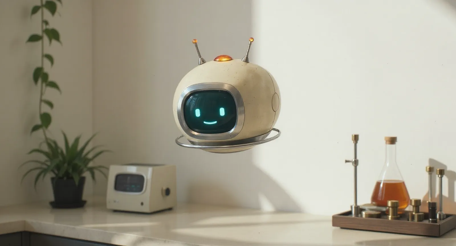 Robin, un pequeño robot de carcasa crema con la cara iluminada en turquesa, flotando en una habitación luminosa junto a una planta.