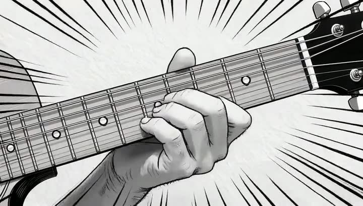 Ilustración en blanco y negro estilo manga de una mano pulsando las cuerdas en el mástil de una guitarra.