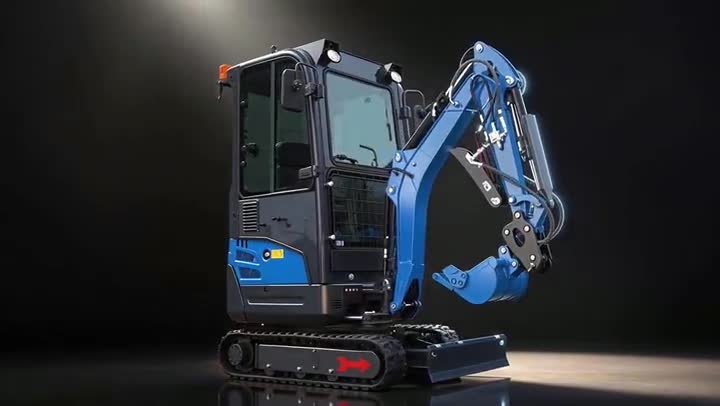 Una miniexcavadora azul sobre un ciclorama oscuro de estudio, con el brazo levantado.